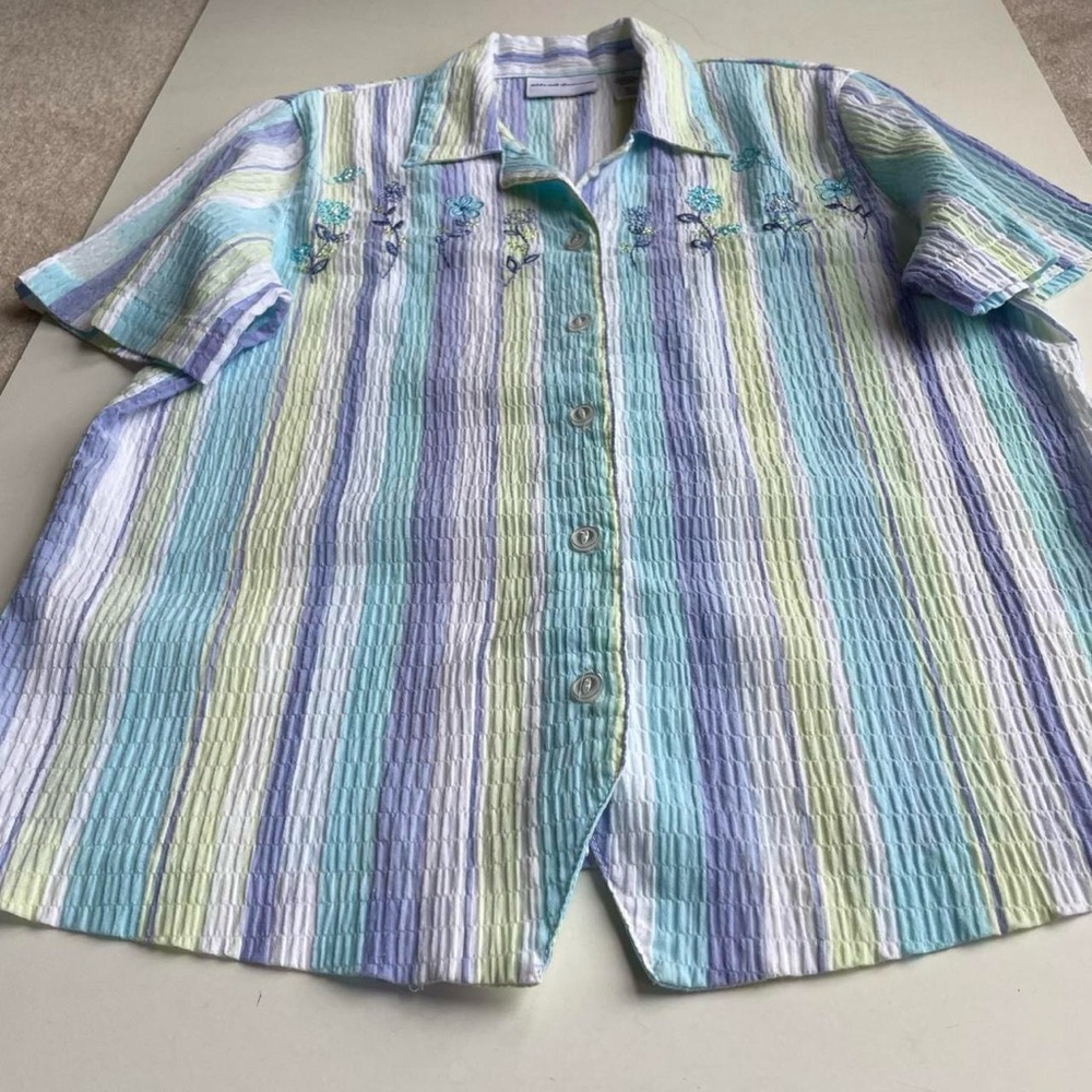 Alfred Dunner button up, pastel stripes and embroidered flowers.